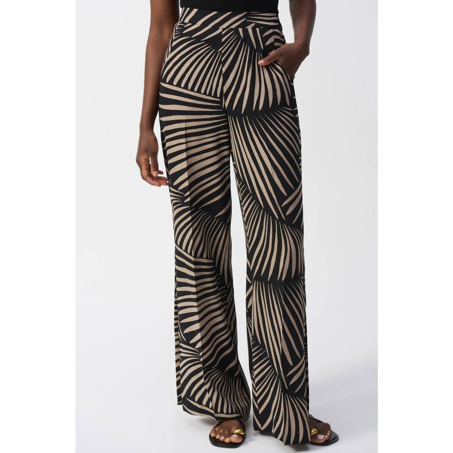 New Joseph Ribkoff Tropical Print Side Slit Wide Leg Pants In Black/Dune
